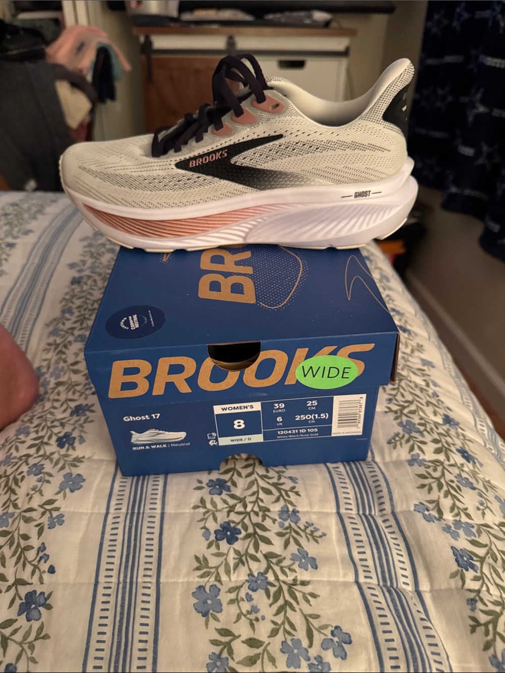 Brooks Ghost 17 Women's Running Shoe - White with Rose and Black Accents